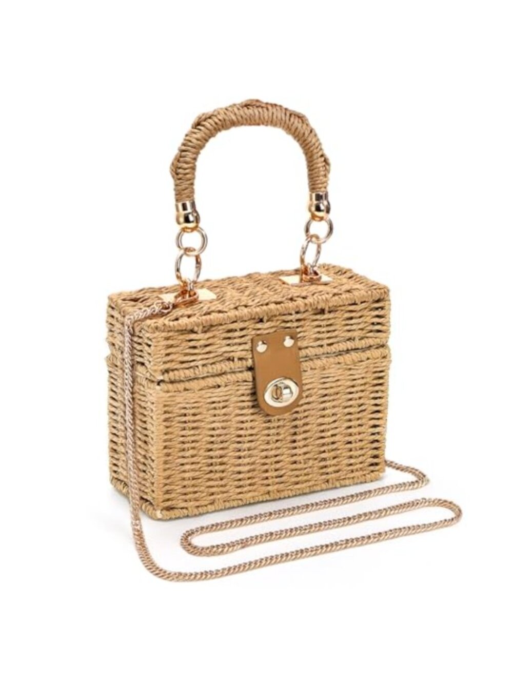 Noamus Handmade Woven Straw Square Crossbody Bag with Gold Chain Strap